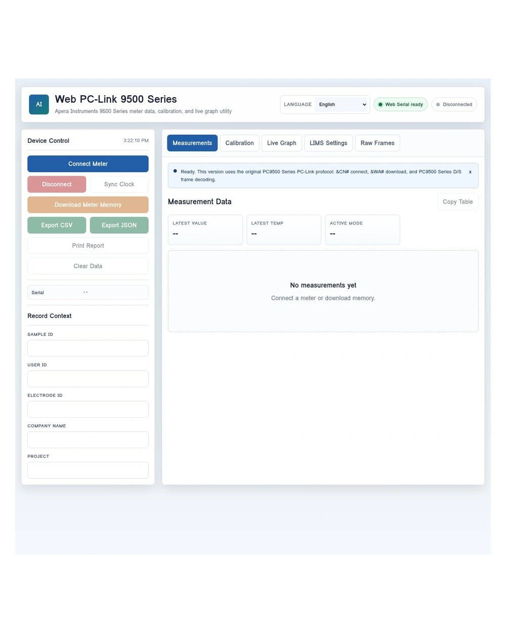 Actual Web PC-Link 9500 disconnected interface with CSV and JSON export controls