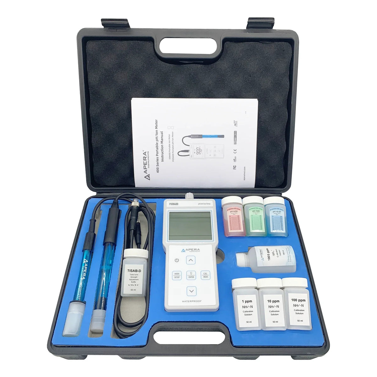 Apera PION400-NH kit in carrying case with electrodes, buffers, NH4+-N standards and TISAB-D