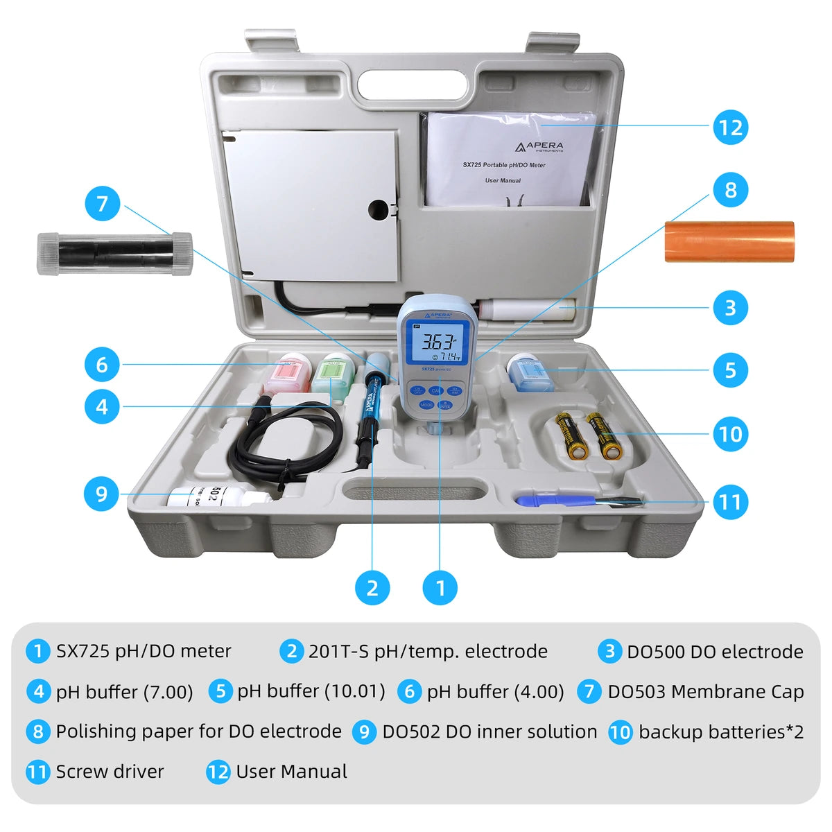 Apera SX725 Portable pH and Dissolved Oxygen Meter Kit with DO500 Polarographic Probe Portable Multiparameter Meter Apera Instruments