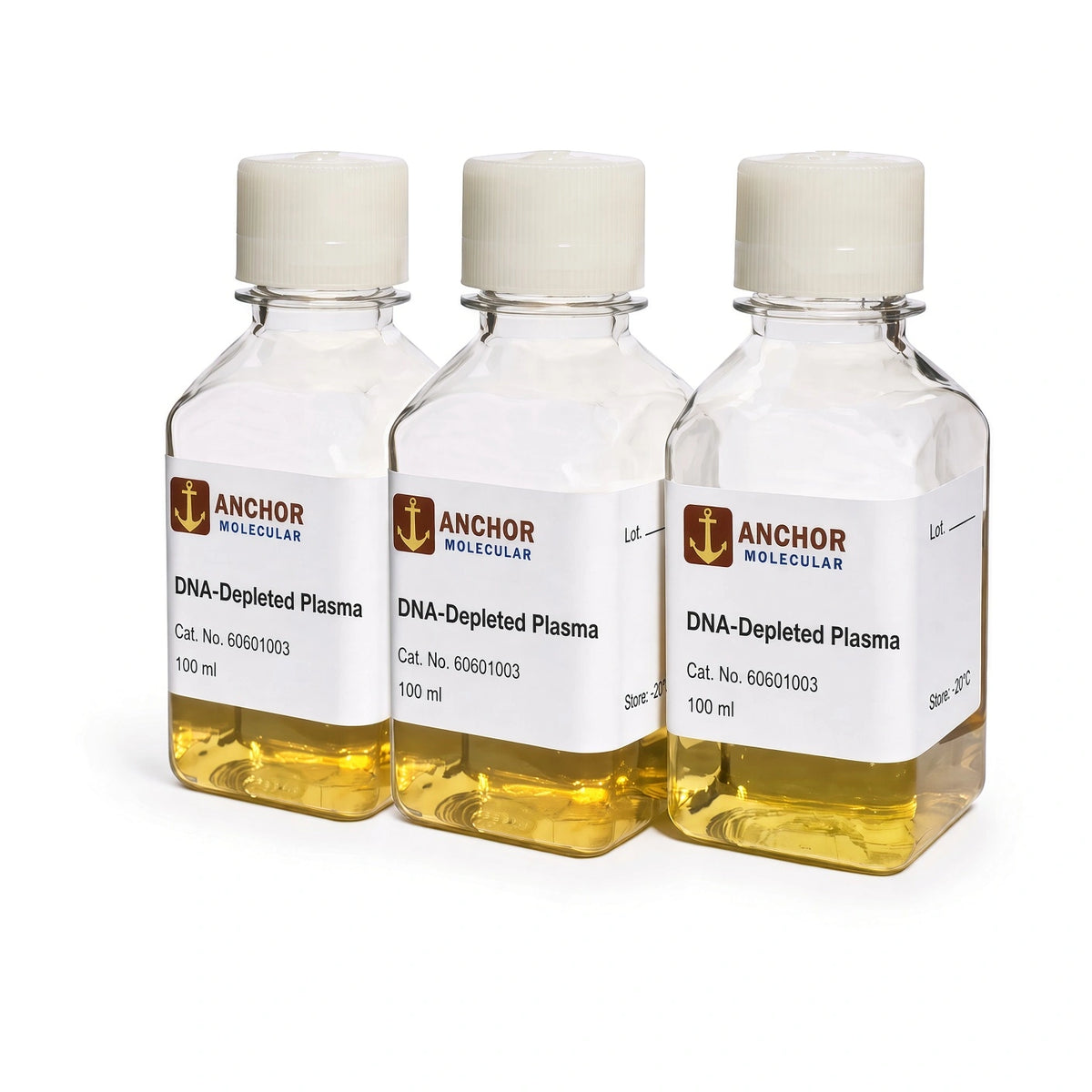 Anchor Molecular DNA-Depleted Plasma: representative manufacturer photo showing 100 mL bottles, catalog 60601003; order quantity follows selected format