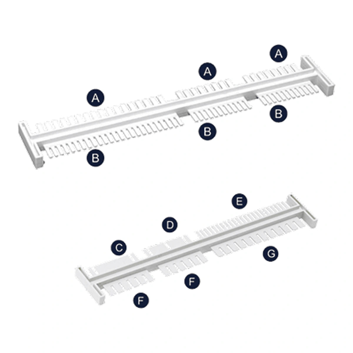Manufacturer A to G reference marks for MJ-C01 and MT-C03 comb tooth geometries