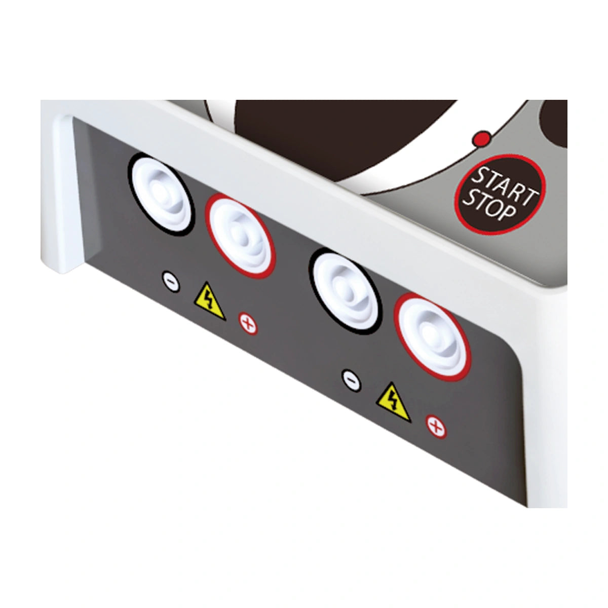 Detail crop showing the two red-black shrouded output-terminal pairs on MINI-300