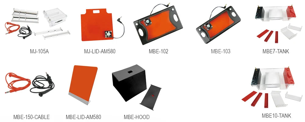 MBE-300 accessory reference showing included inclined amber filter and separately ordered tanks, fan lids, cables and hood