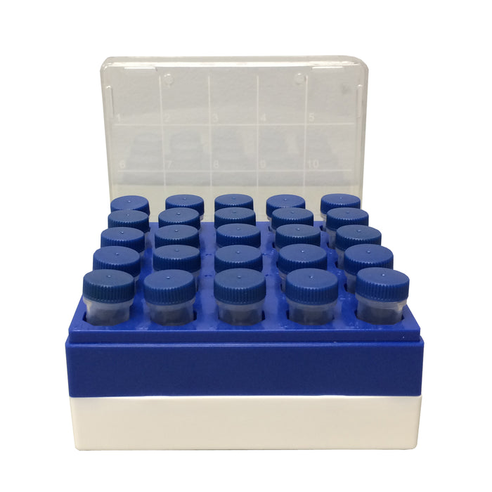 MacroTube® Vivid™ 5 mL Sterile Screw‑Cap Tubes with Printed Graduations C2581 | Freezer Box | Polycarbonate | 17.4mm Wells | 25-Place (5×5) | For 5mL Tubes | Qty 5 Microcentrifuge Tubes MTC Bio