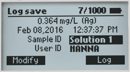 HI83399 display showing a logged measurement record