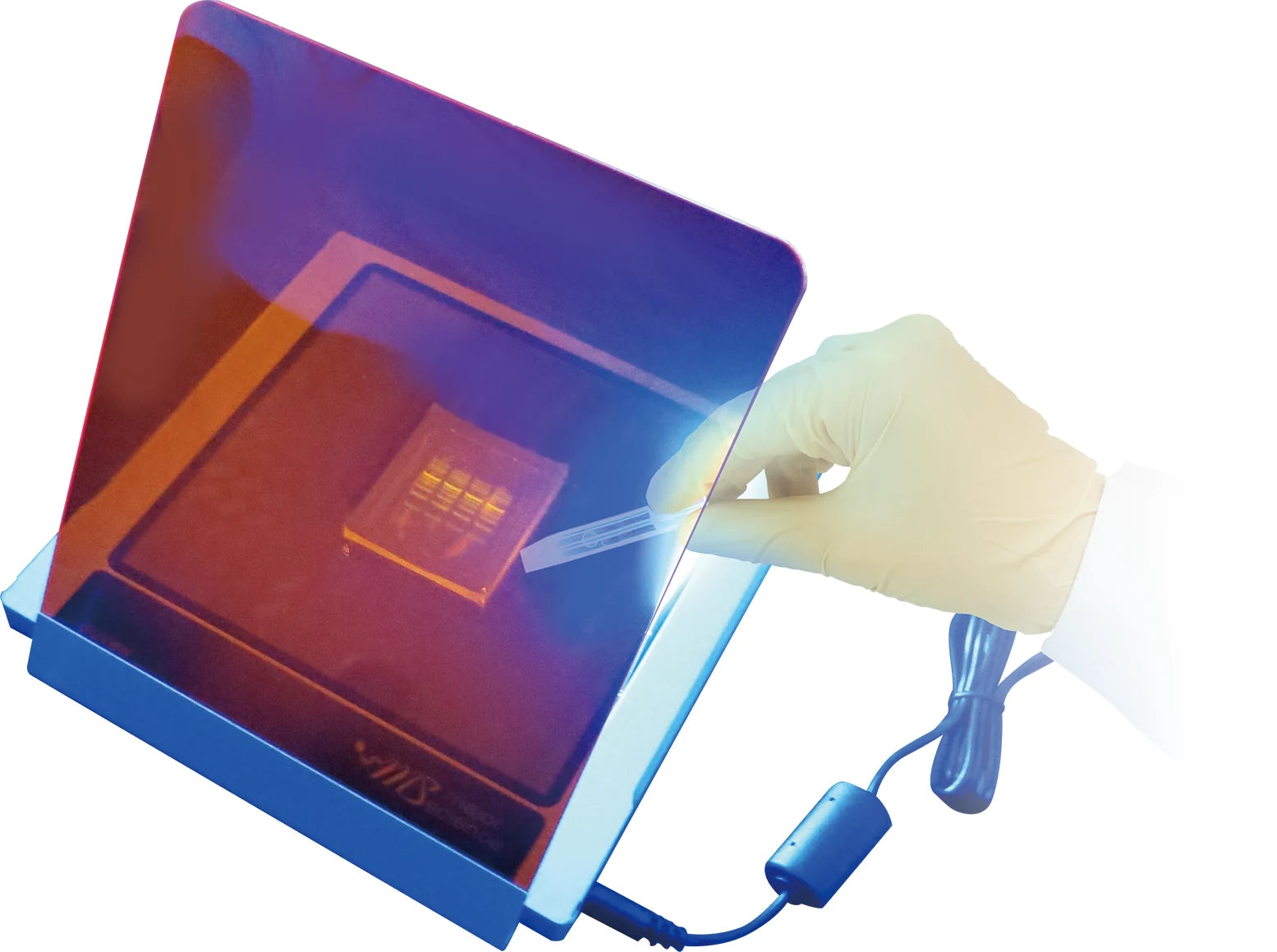 MBE-200A manufacturer gel-viewing photograph with inclined amber filter; sample and handling tools are not included