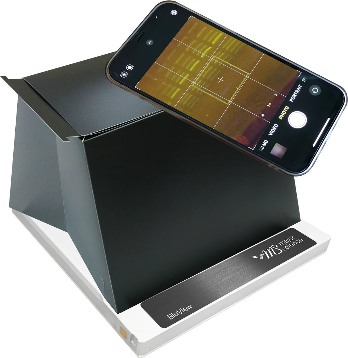 MBE-200BW blue-side paper-hood capture illustration; phone not included, not the optional metal DI-CP hood