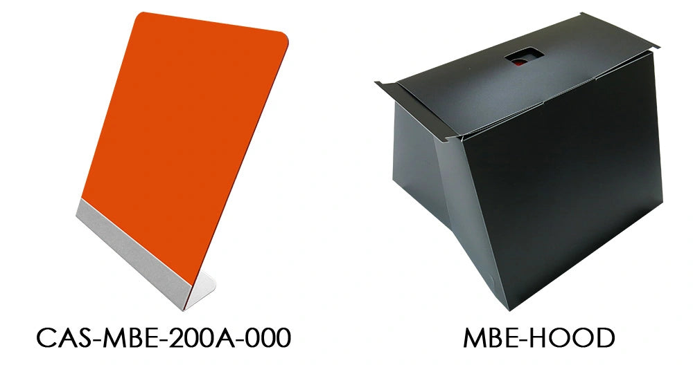 Manufacturer MBE-200BW included-accessory graphic: CAS-MBE-200A-000 amber filter and MBE-HOOD paper hood