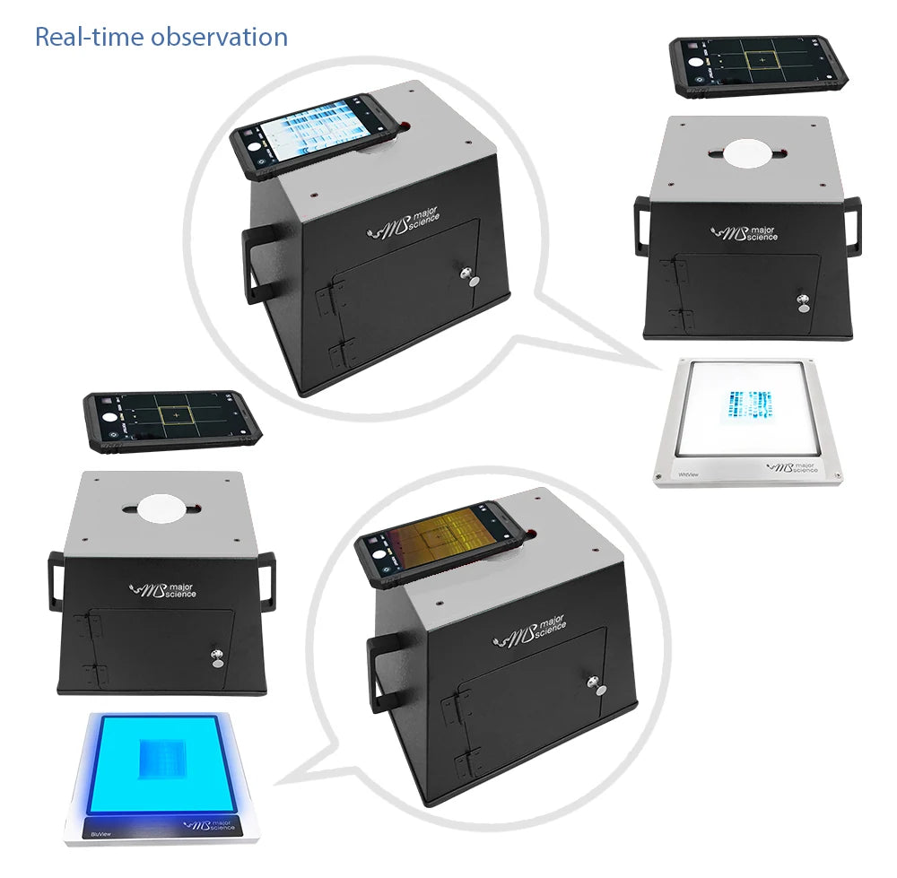 Optional DI-CP metal phone-imaging hood with MBE-200BW; DI-CP and phone are separate purchases