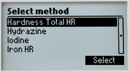 HI83399 display showing the Select method list